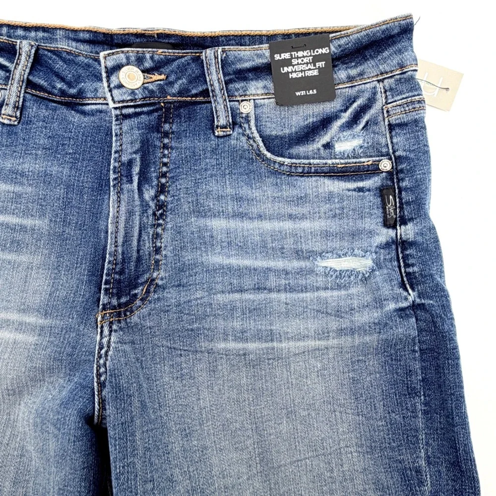 Silver Jeans Co Sure Thing Long Short Womens 31 Indigo NWT High Rise Distressed